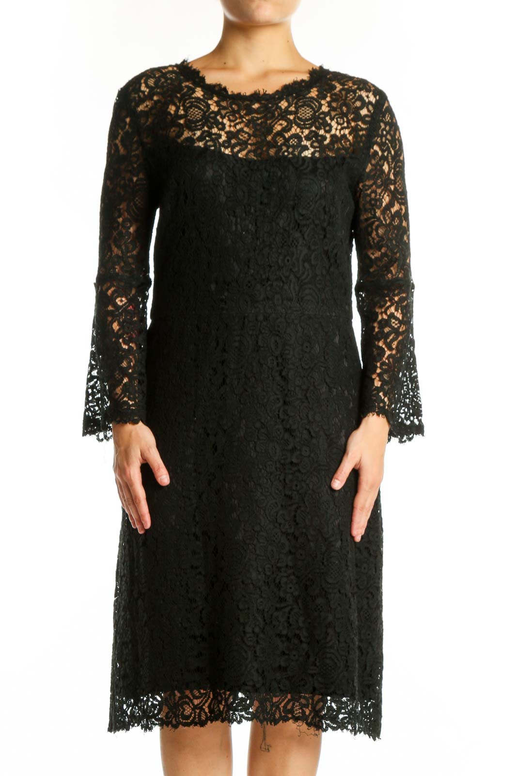 Black Lace Long Sleeve Midi Dress Front