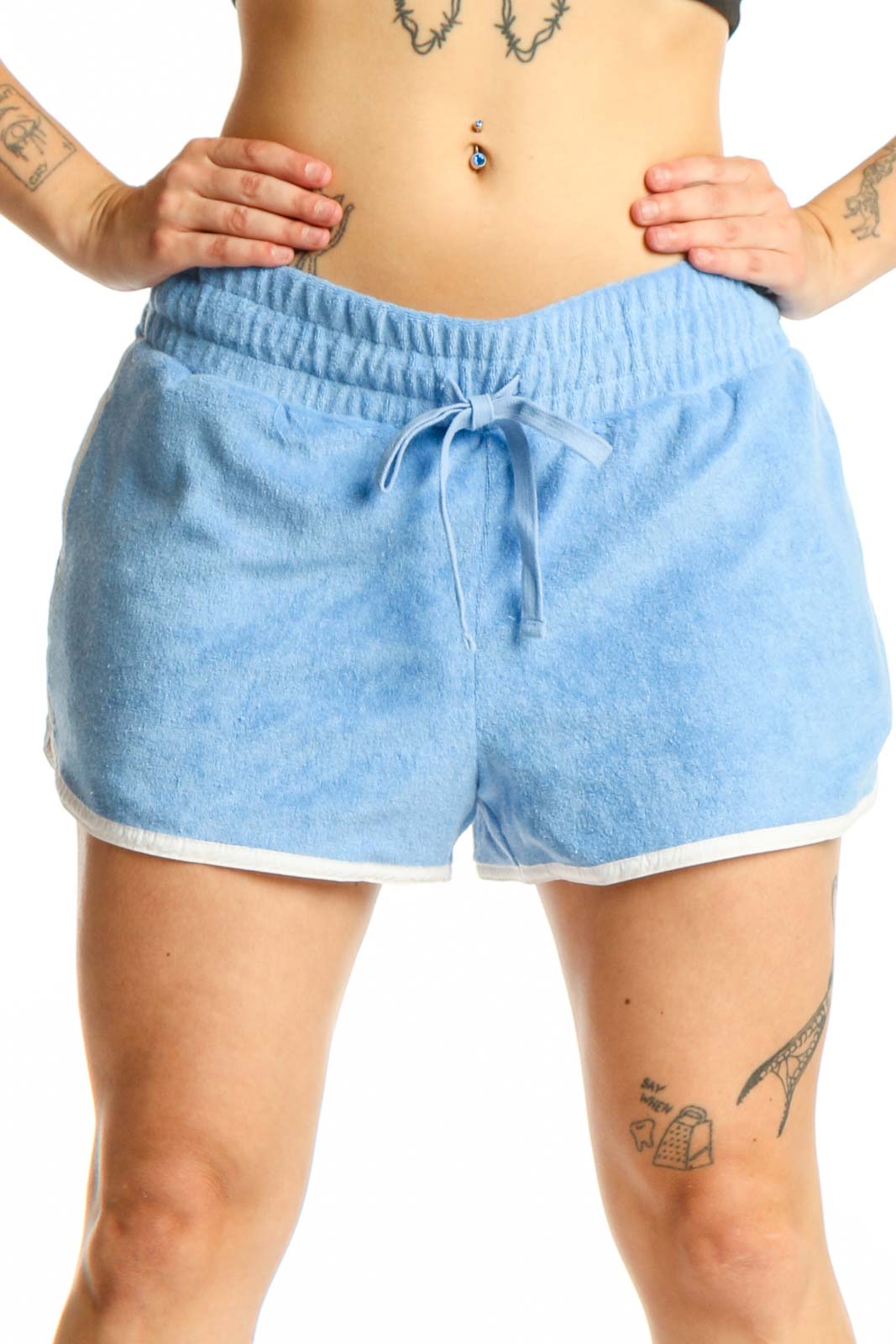 Blue Denim Athletic Shorts with Drawstring Front