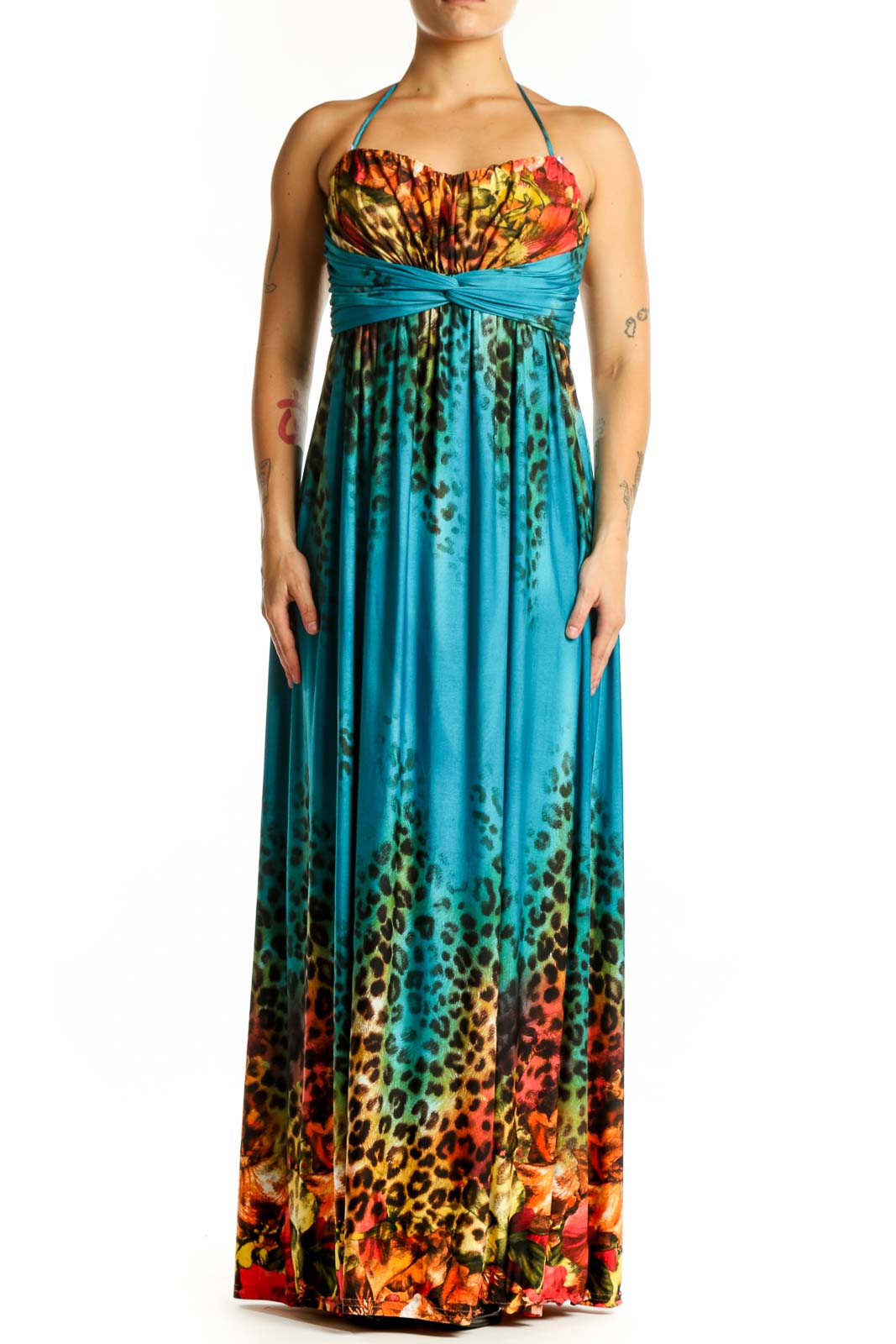 Teal Floral Halter Maxi Dress Front