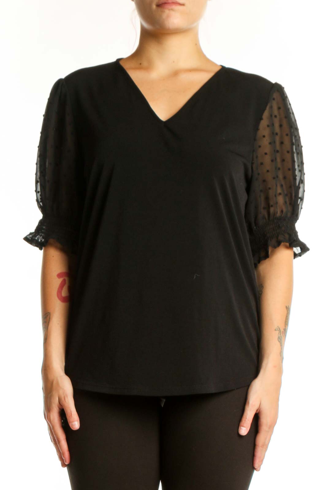 Black V-Neck Puff Sleeve Top Front