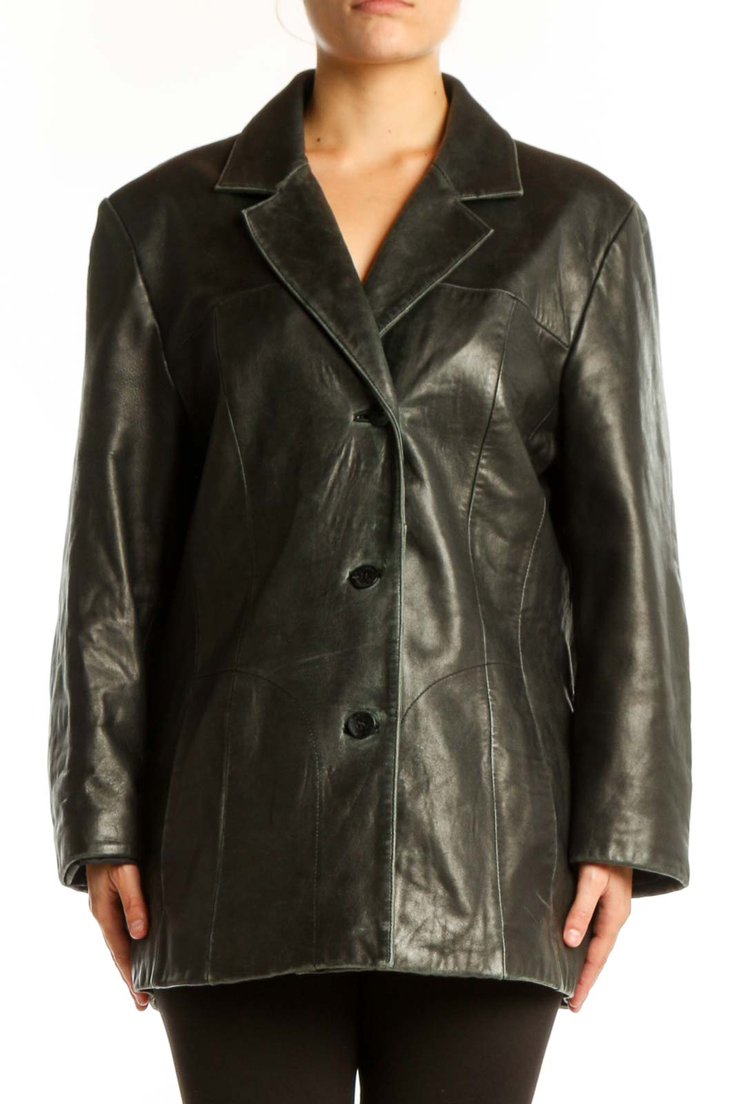 Black Genuine Leather Blazer Jacket XL Front