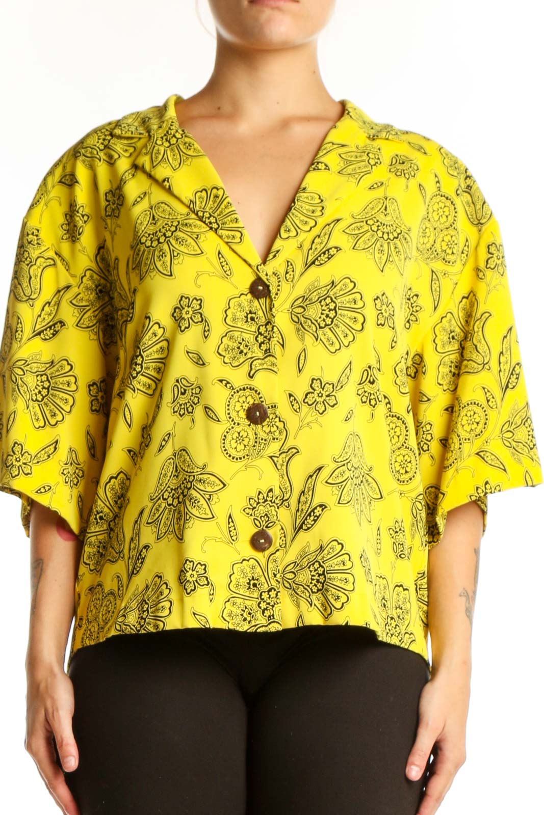 Yellow Floral Button-Up Blouse Front
