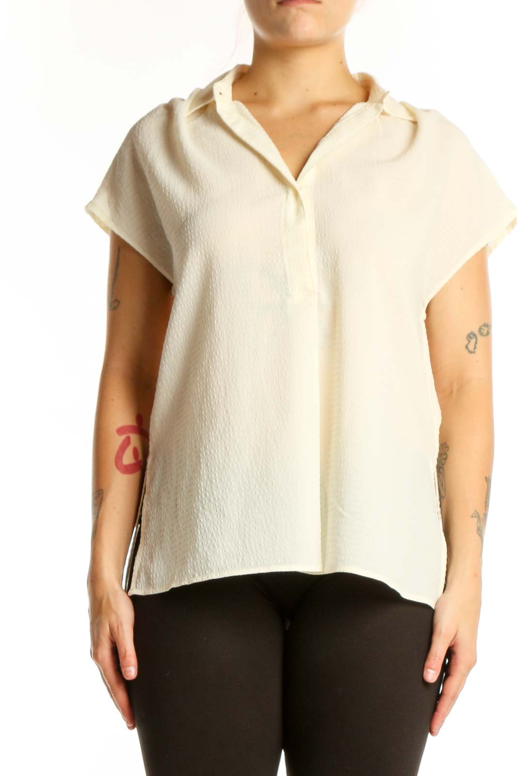 Cream Collared Short Sleeve Blouse Front