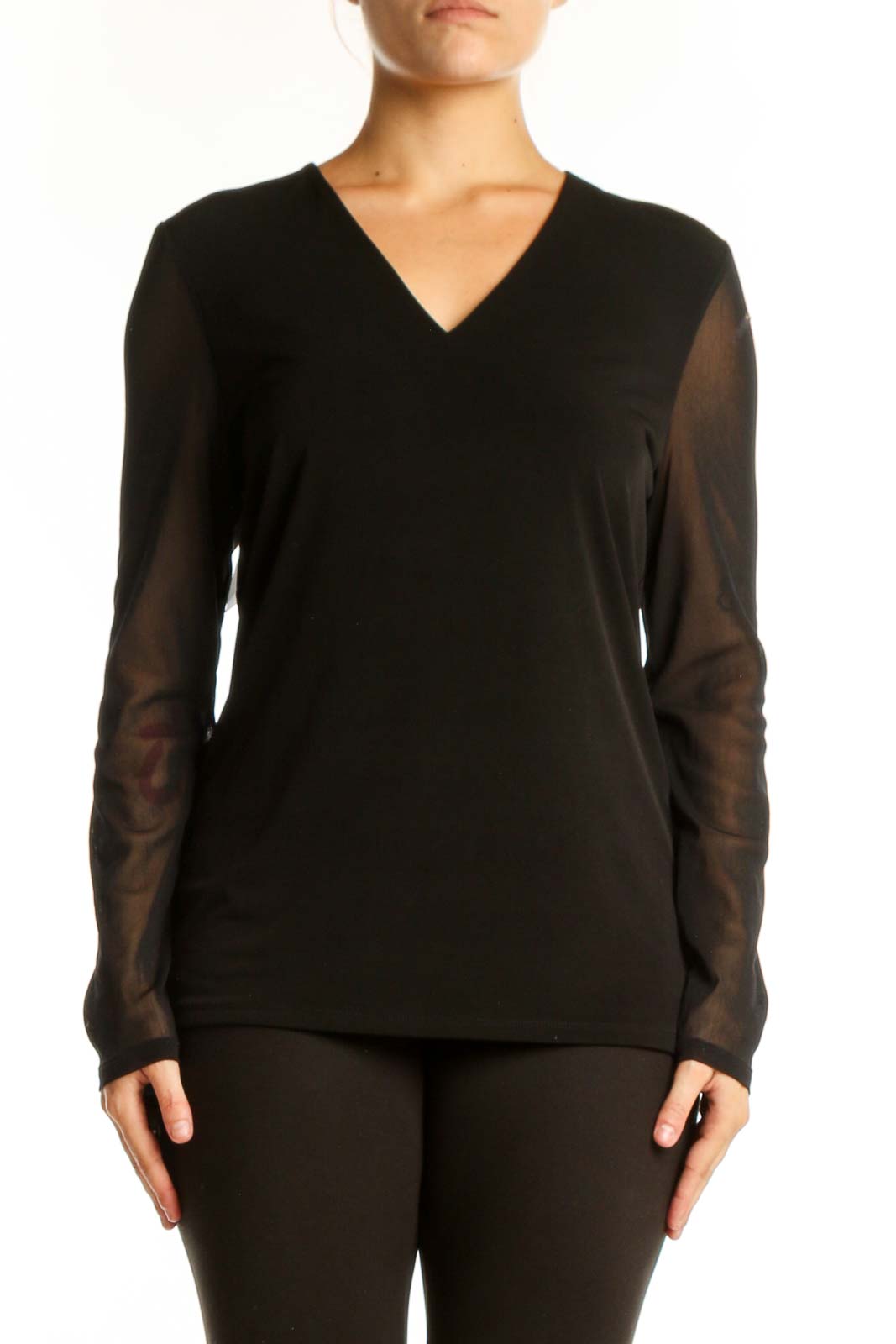 Black V-Neck Long Sleeve Top Front