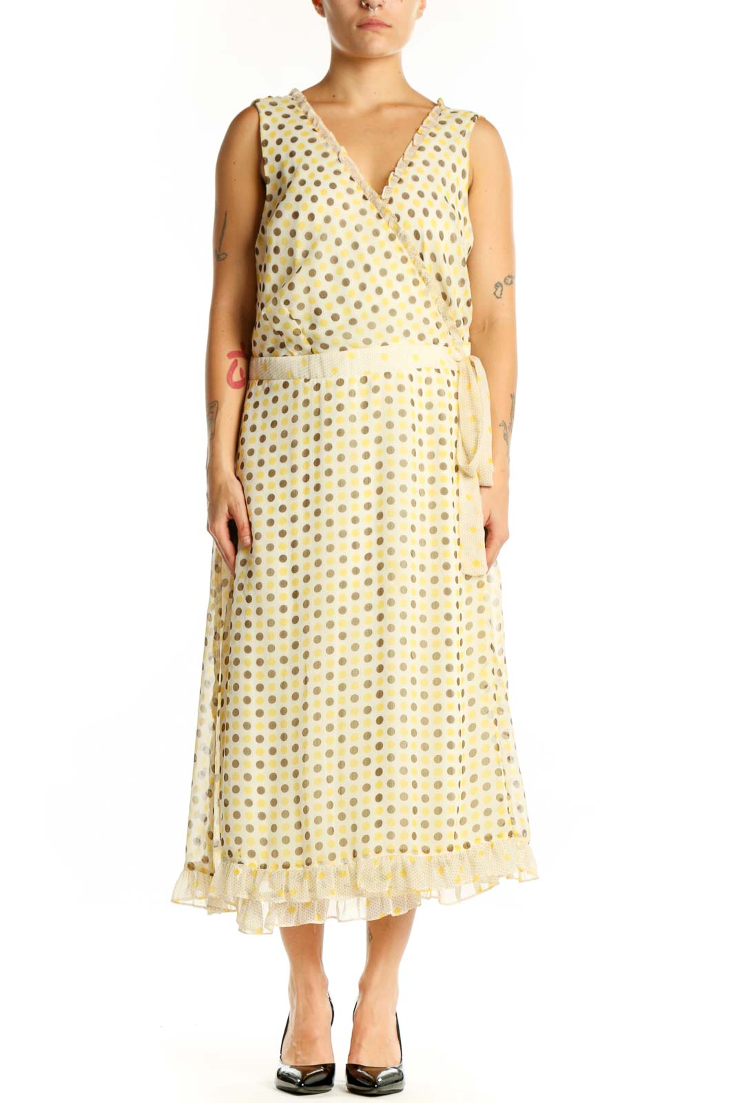 Cream Polka Dot Wrap Midi Dress Front