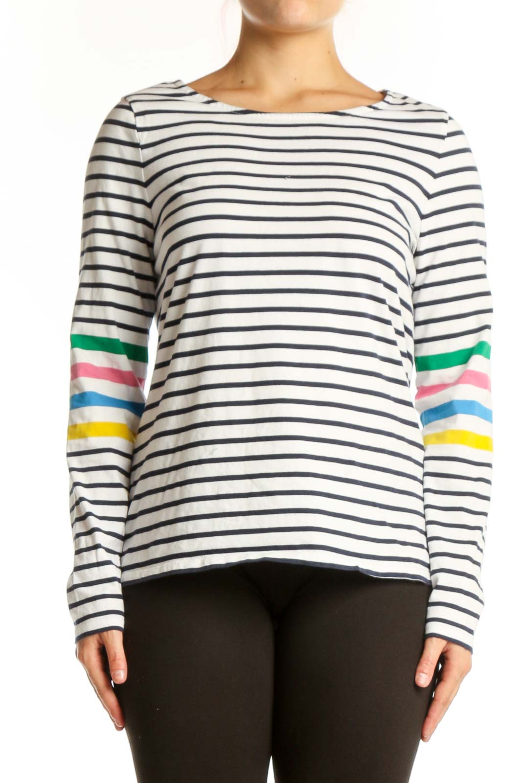 Navy Striped Cotton Long Sleeve Top Front