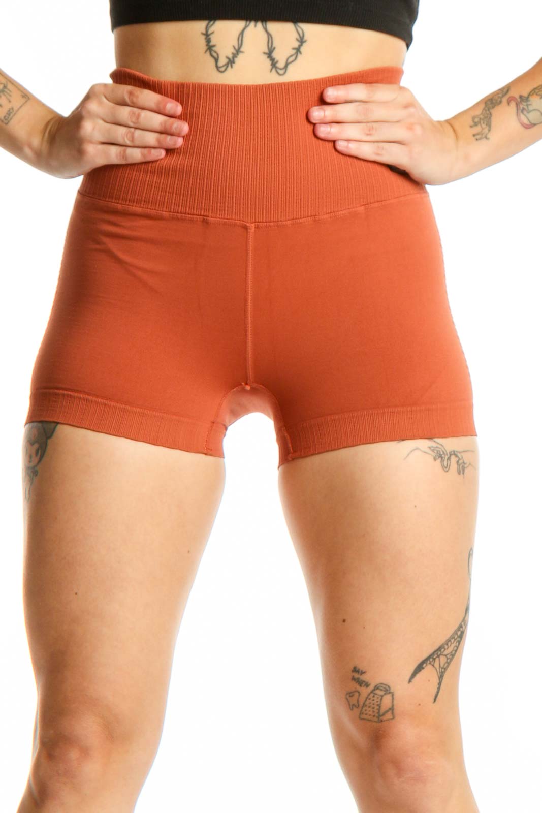 Orange Ribbed High-Waist Activewear Shorts Front