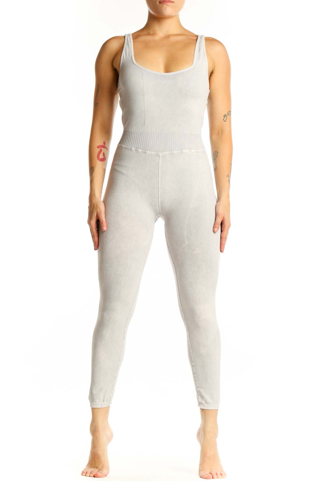 Cream Ribbed Tank All-in-One Jumpsuit Front