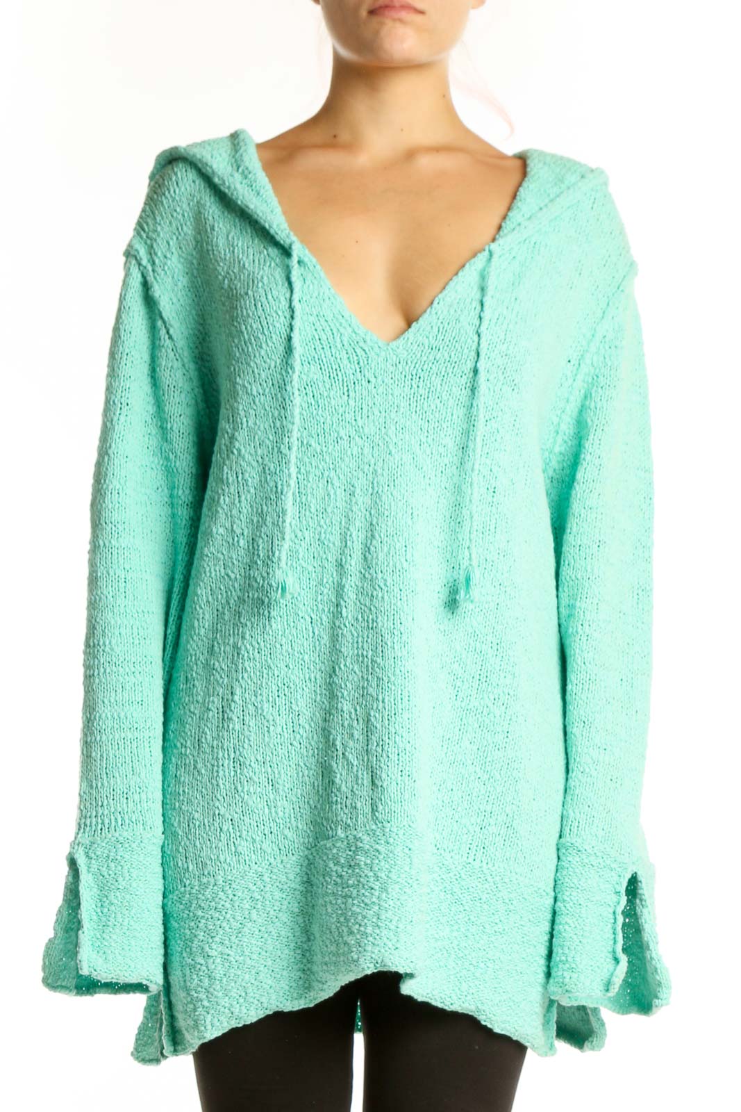 Green Hooded V-Neck Knit Sweater Front