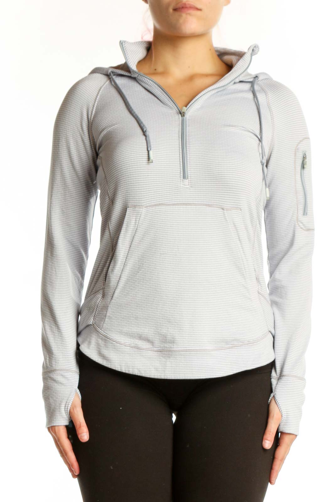 Gray Striped Hooded Athletic Pullover Front