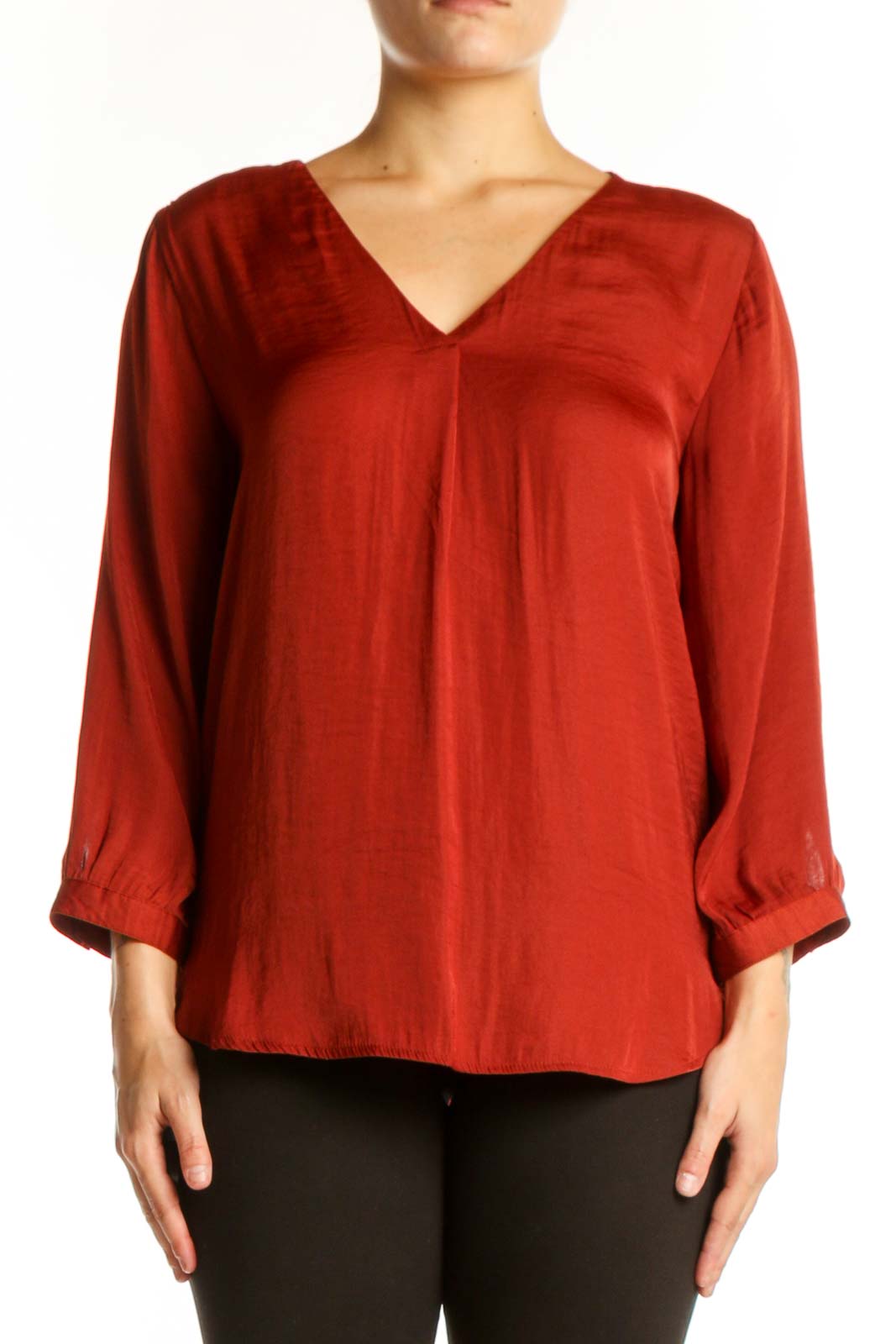 Red V-Neck Blouse with Three-Quarter Sleeves Front