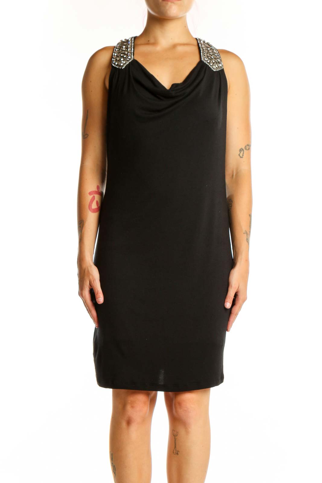 Black Embellished Cowl Neck Cocktail Dress Front