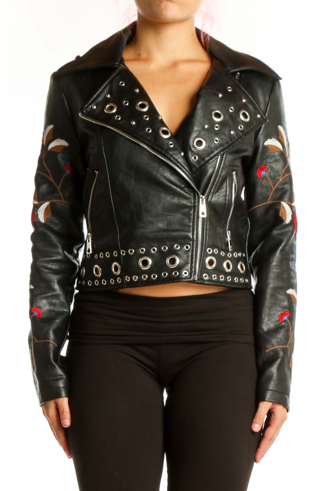 Black Studded Biker Jacket with Floral Embroidery Front
