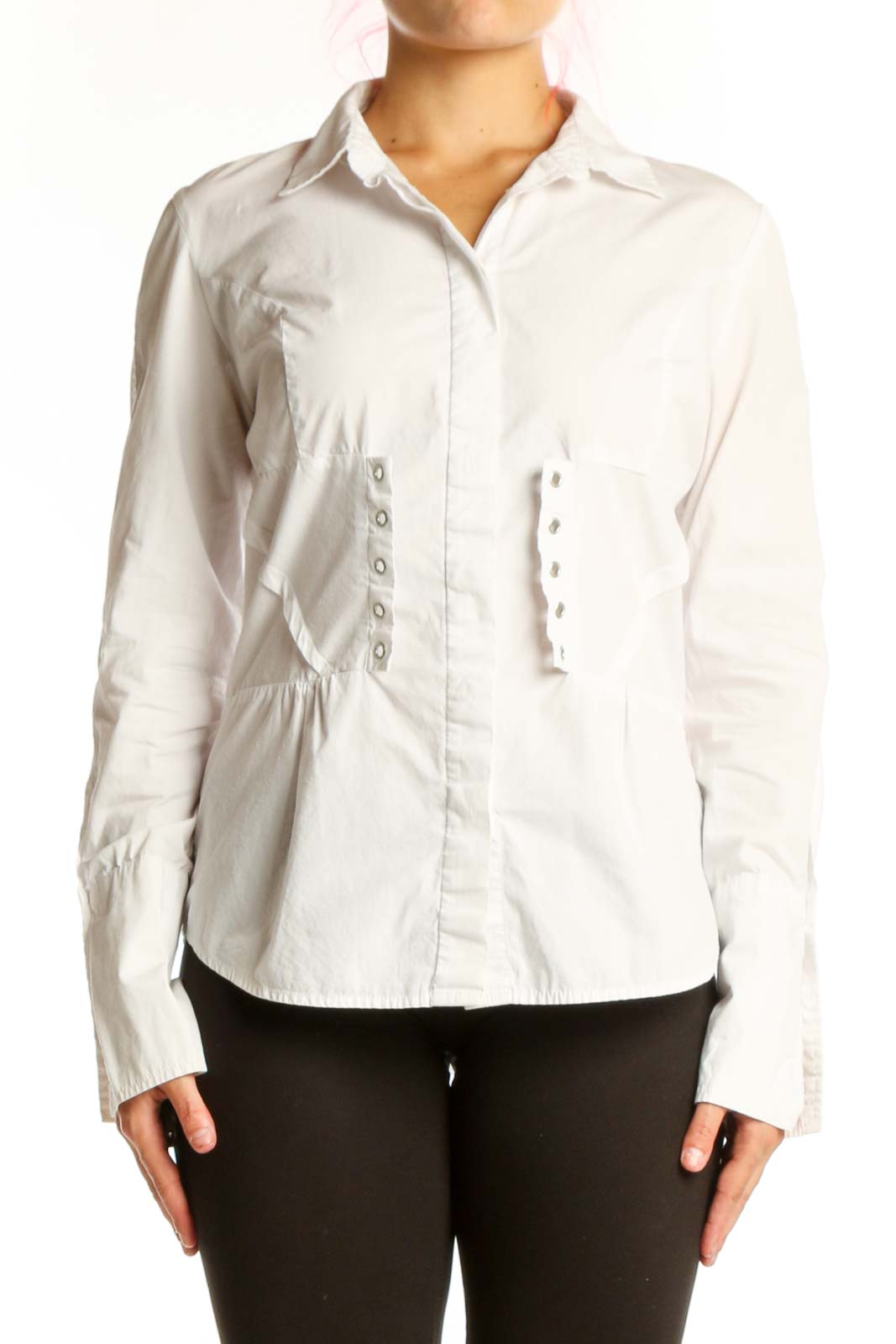 White Cotton Button-Up Shirt with Ruching Front