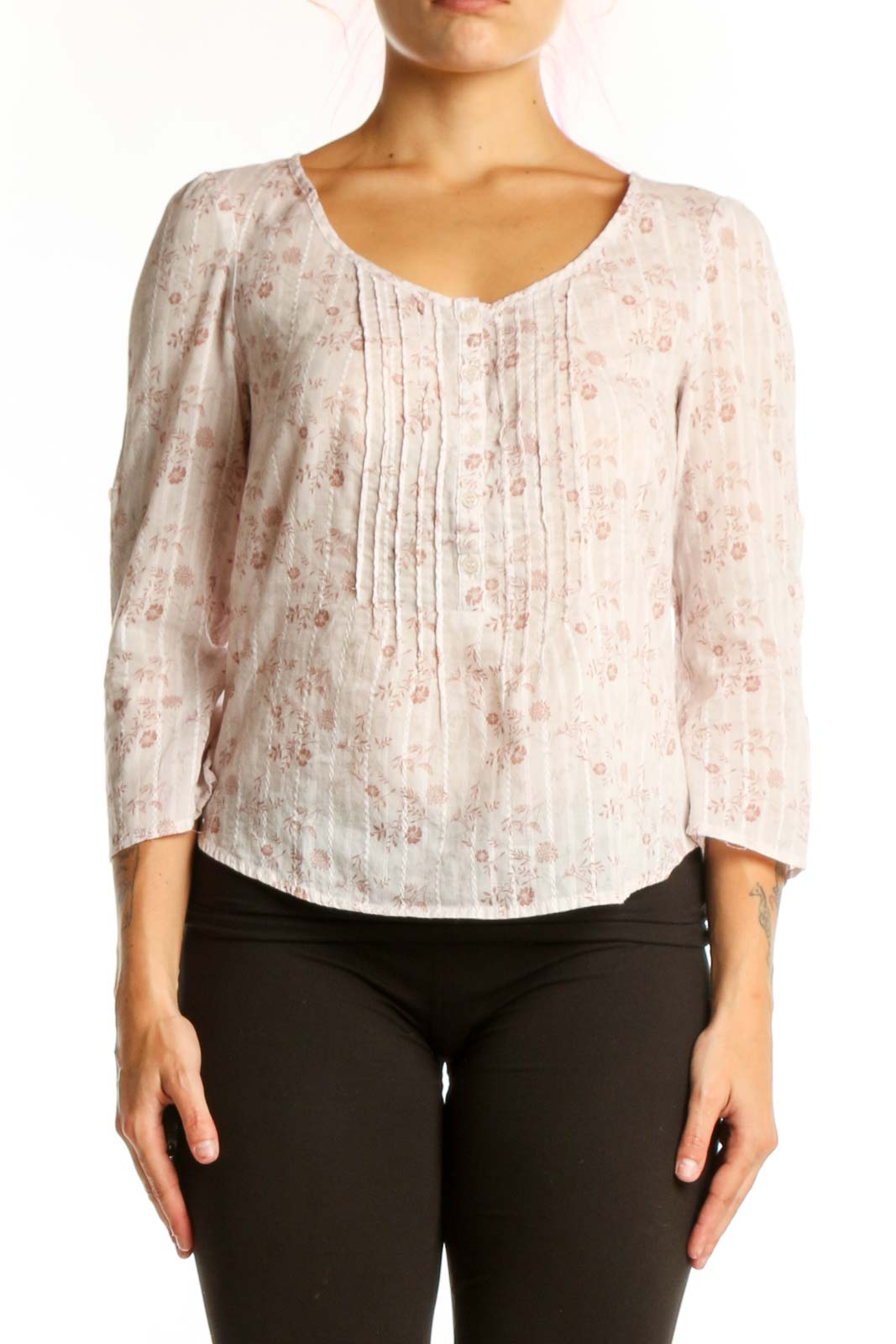 Cream Floral Pleated Cotton Top Front