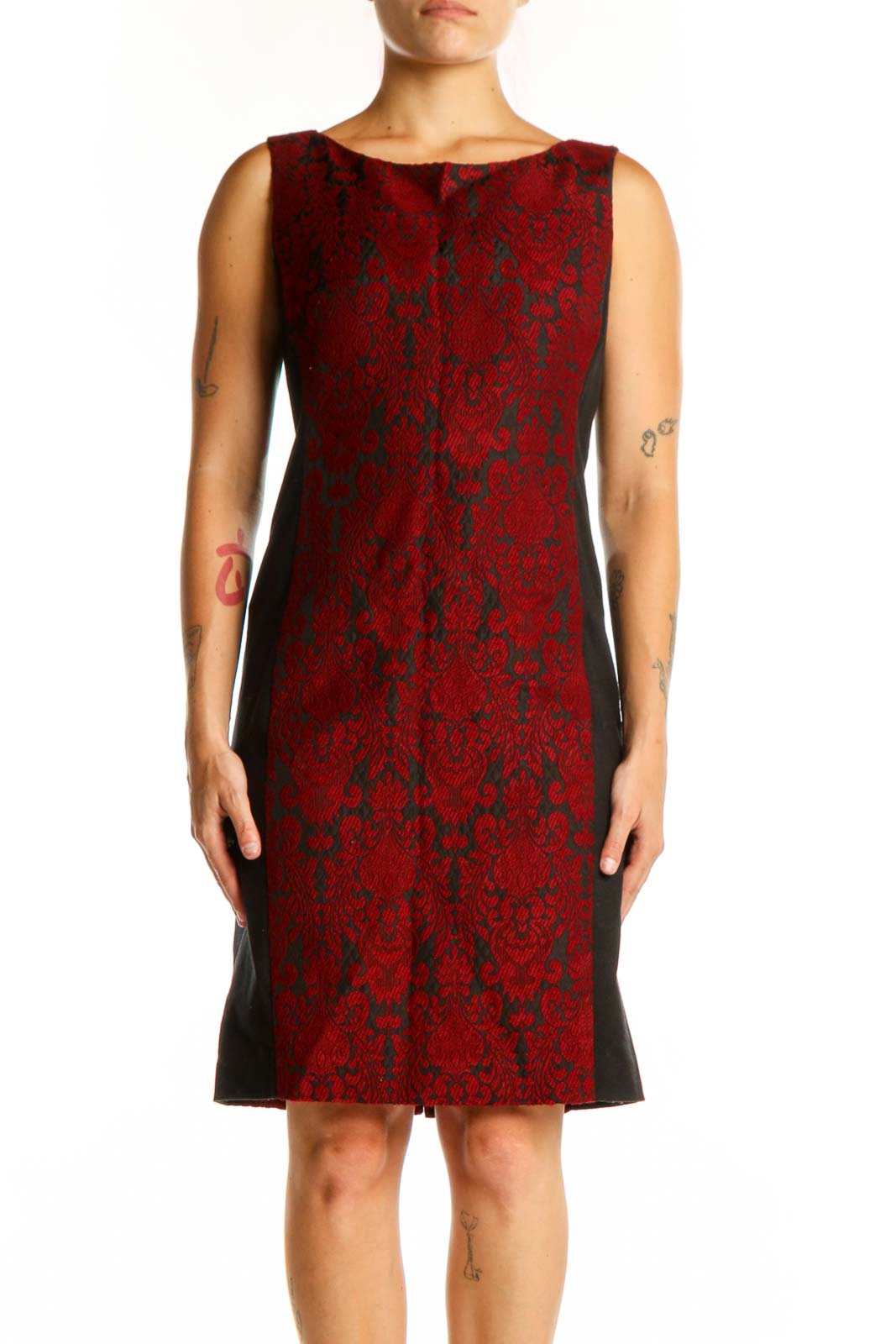 Red Damask Sleeveless Shift Dress Front