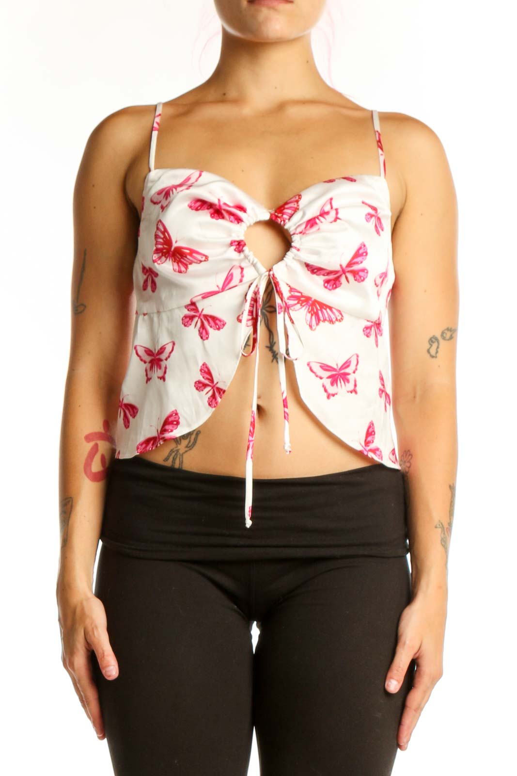 Pink Butterfly Cutout Tie-Front Crop Top Front