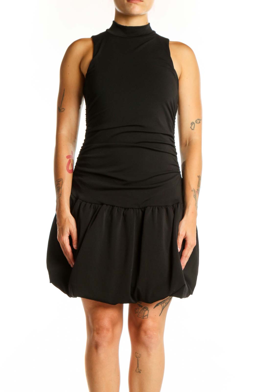 Black Ruched Bubble Hem Dress Front