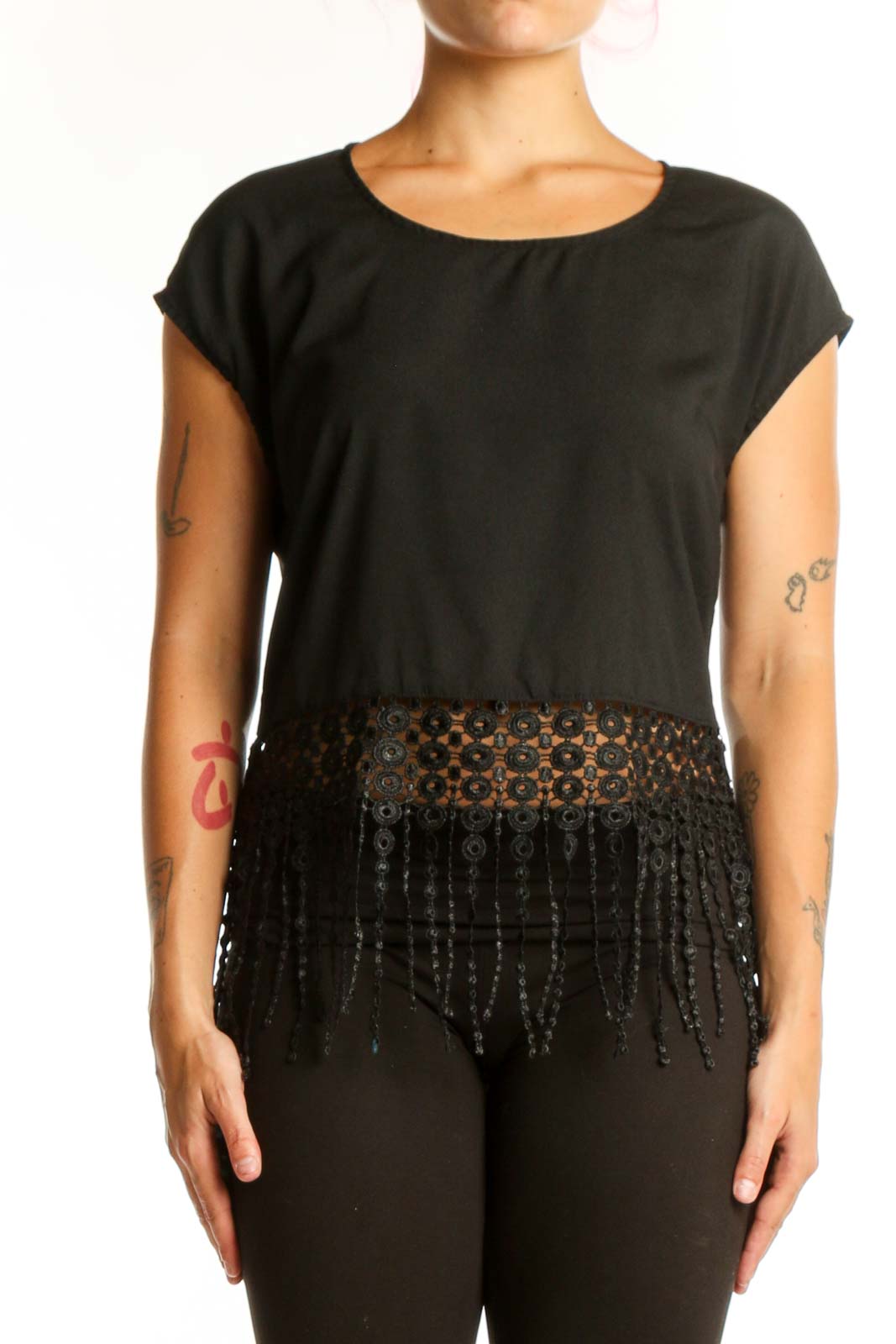 Black Beaded Fringe Crop Top Front