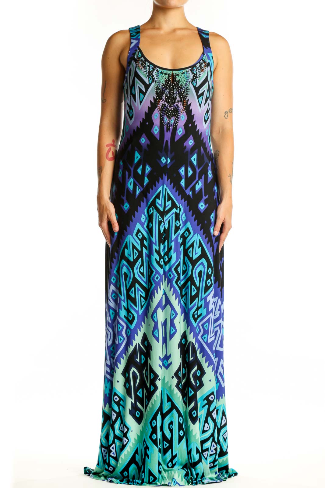Blue Geometric Maxi Tank Dress Front