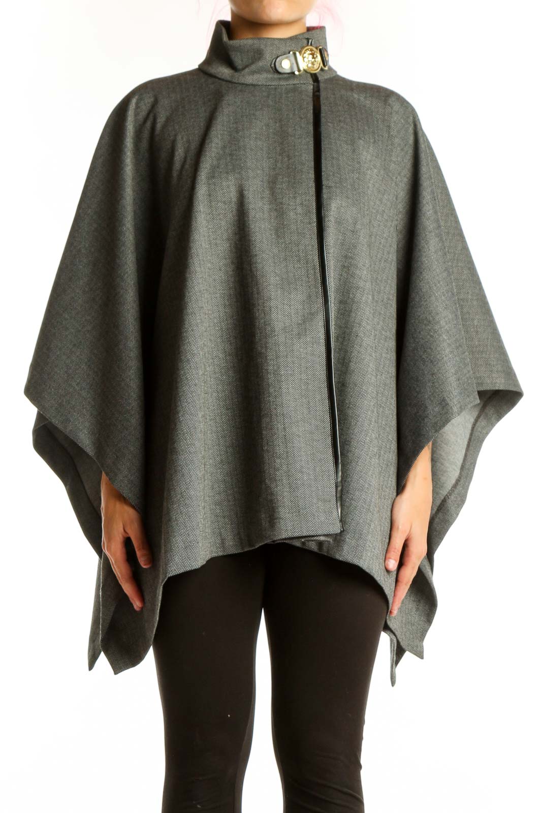 Gray Wool Blend Cape Jacket with Buckle Collar Front