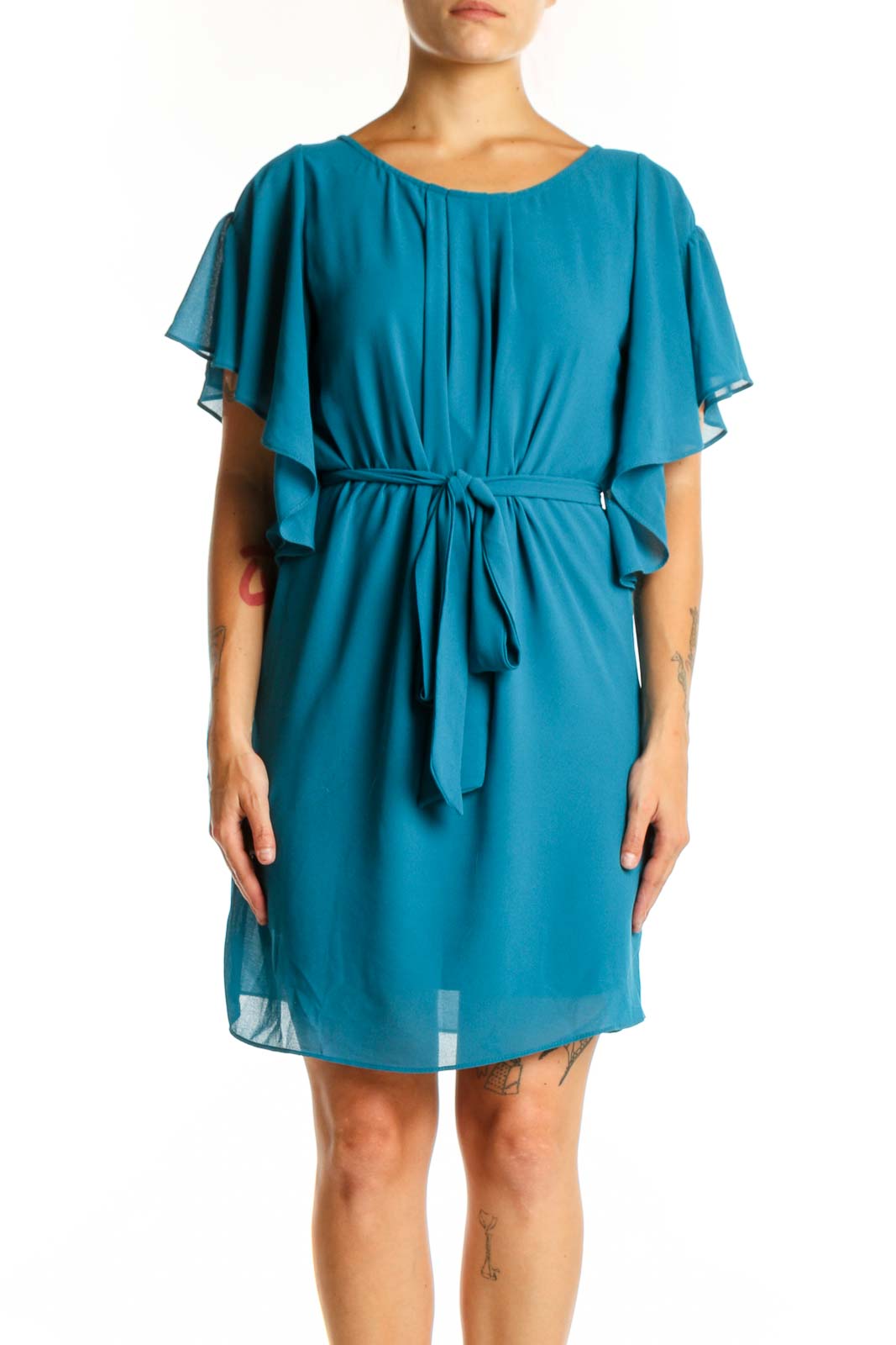 Teal Flutter Sleeve Tie Waist Dress Front