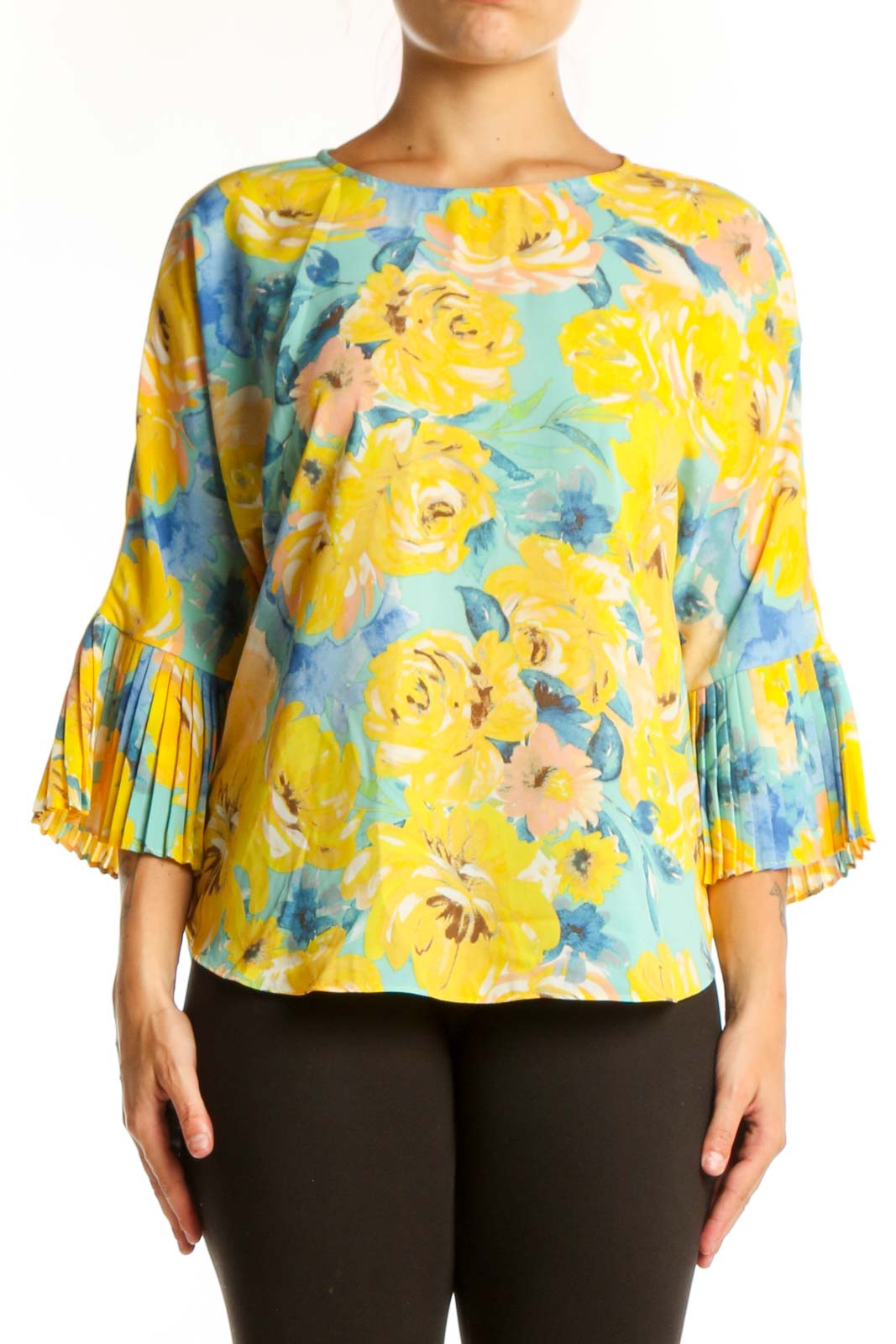 Yellow Floral Pleated Bell Sleeve Top Front