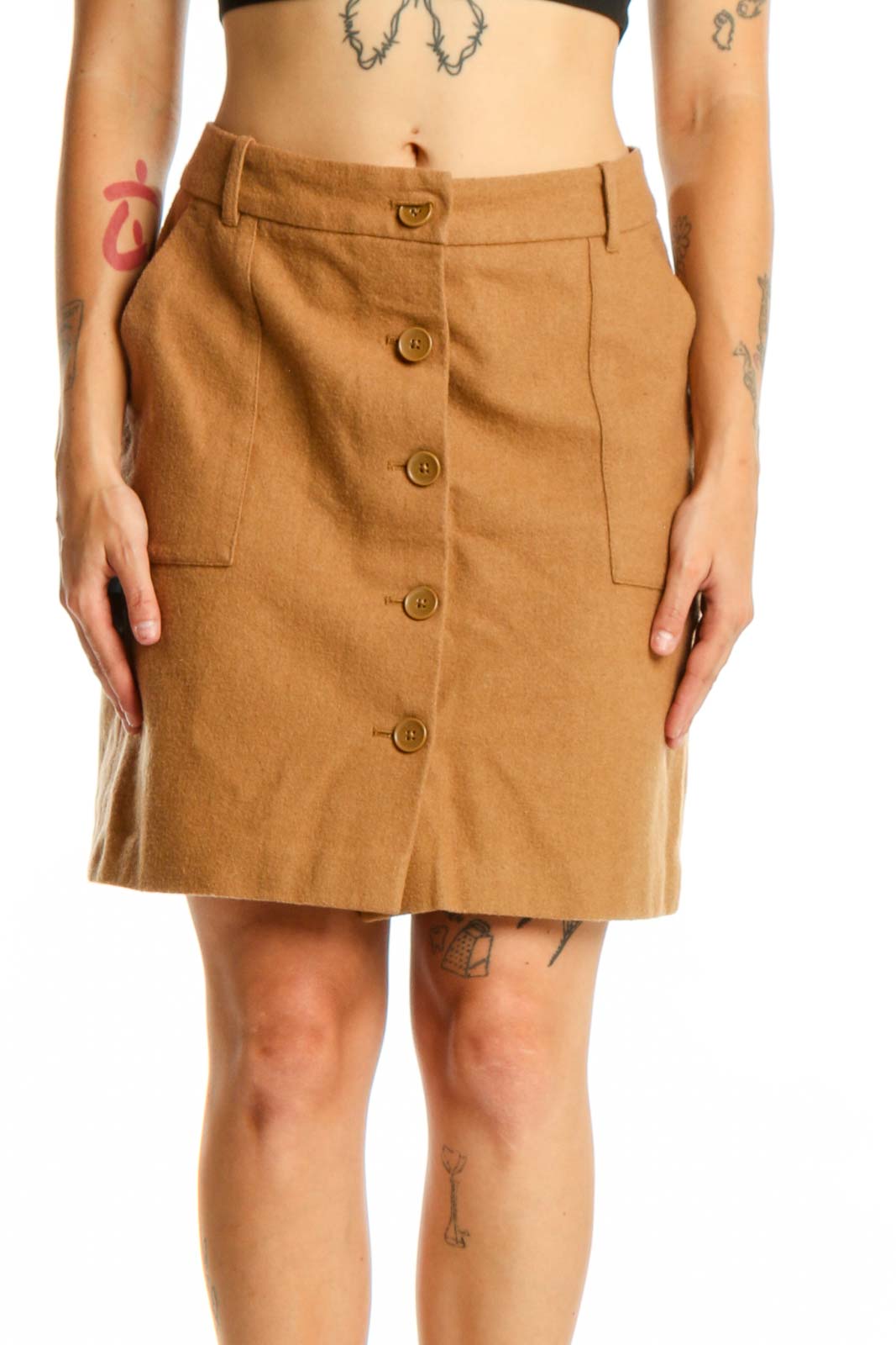Tan Button-Front A-Line Skirt Front