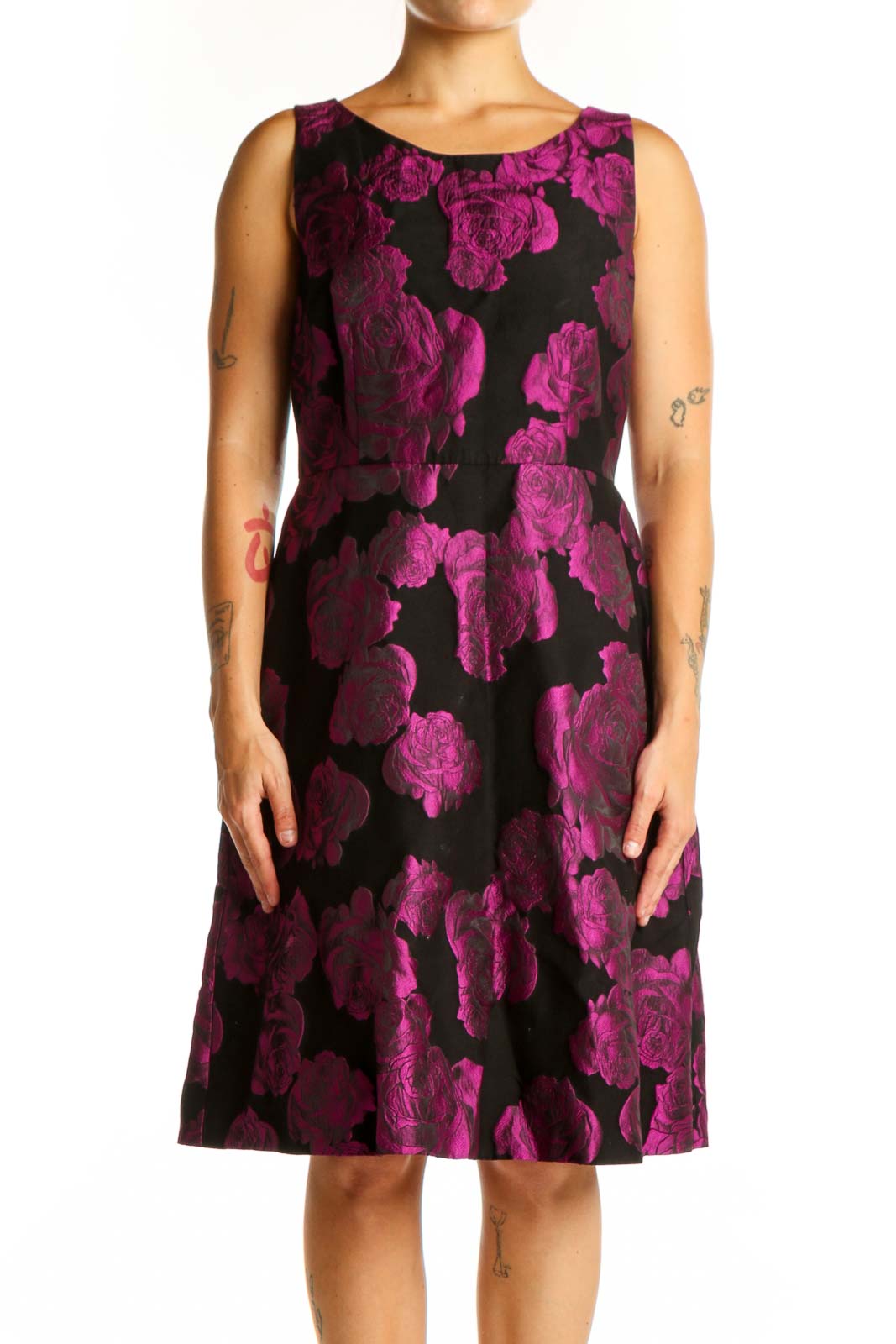 Black Magenta Floral A-Line Dress Front