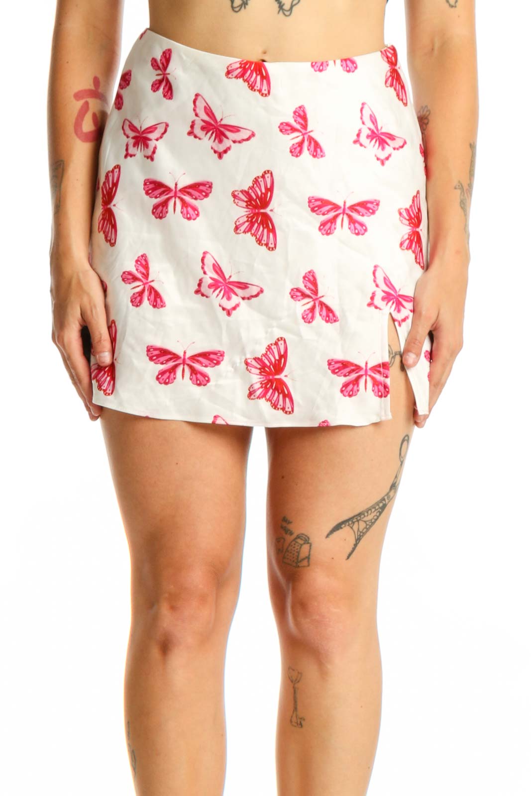 Cream Butterfly Print Mini Skirt Front