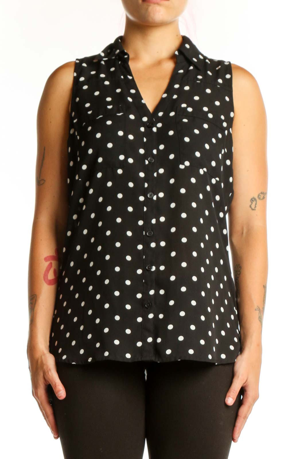 Black Polka Dot Sleeveless Button-Up Blouse Front