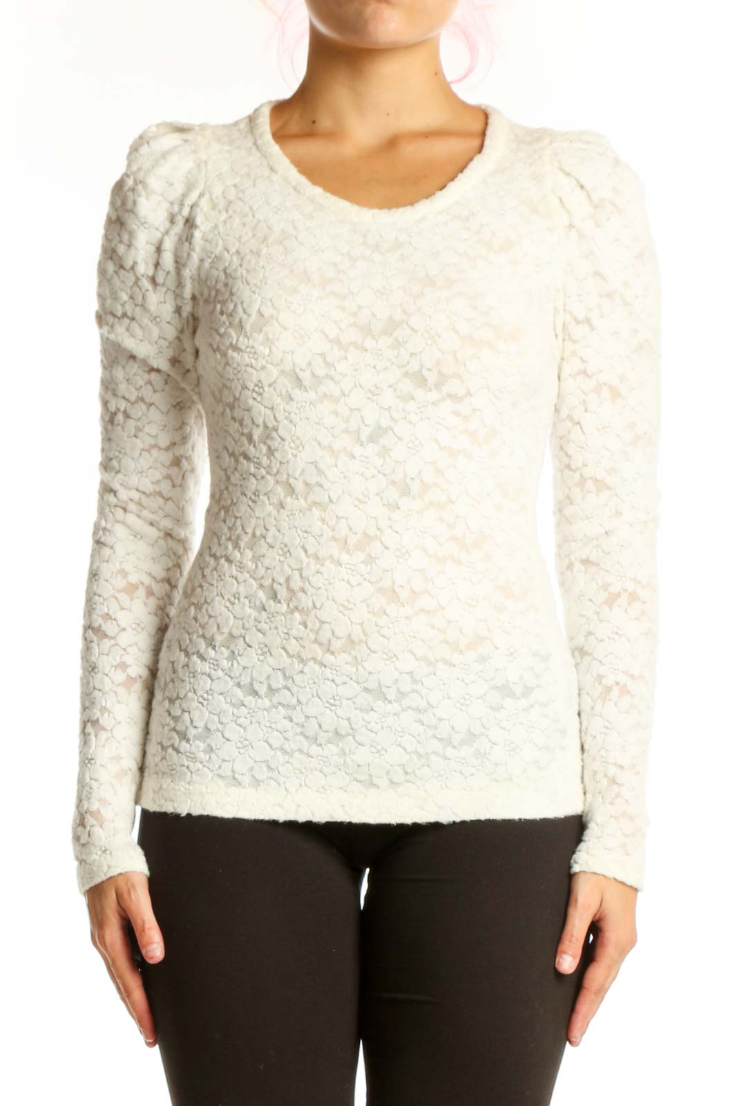 Cream Textured Knit Puff Sleeve Top Front