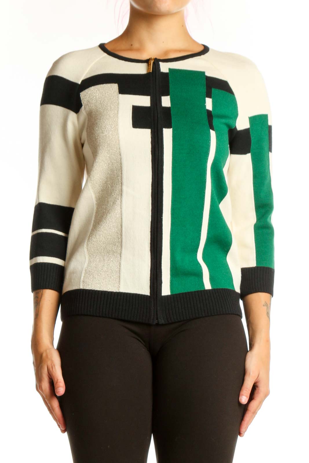 Green and Cream Geometric Knit Cardigan Front
