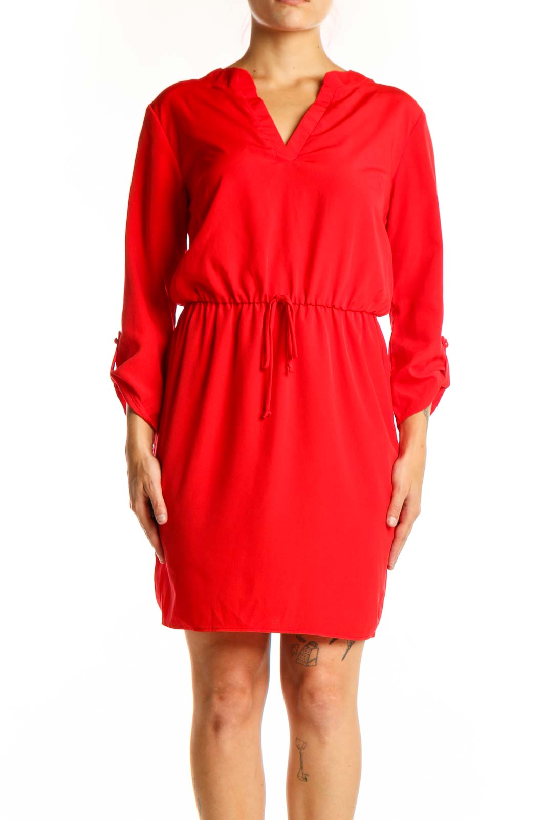 Red Hooded Drawstring Polyester Dress Front