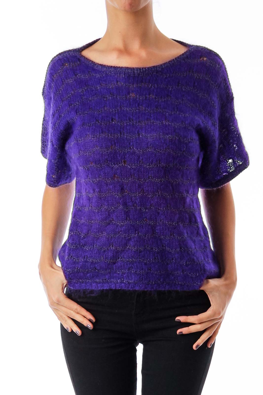 Purple Round Neck Fuzzy Knit Front